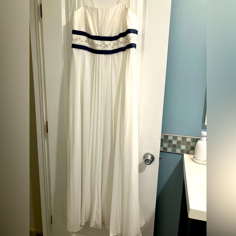 David's Bridal White Chiffon Gown with Navy Waistband and Silver Beading